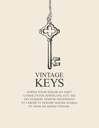 Banner with a vintage key and place for text on a light background. Vector illustration in retro style with a hand-drawn old key hanging on a stringのイラスト素材