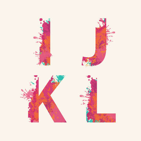 Alphabet, Letters IJKL with colorful ink blots, abstract color splashes, colored paint spray. Vector watercolor font, isolated on a light backgroundのイラスト素材