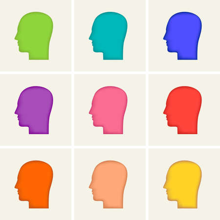 A set of colored icons. Silhouettes of a human head profile, vector illustration. Male heads in different colors isolated on a white backgroundのイラスト素材