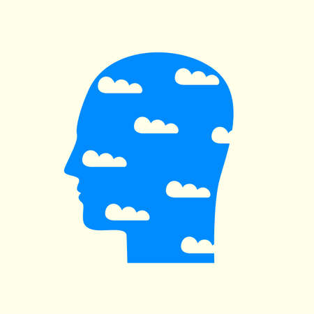 Blue human head in profile with white clouds as a concept for positive thinking or environmental protection.のイラスト素材