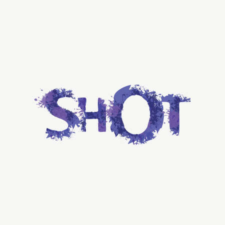 SHOT lettering in a modern style. Vector illustration in the form of abstract inscription with violet splashes and blots of paint or ink on a light backgroundのイラスト素材