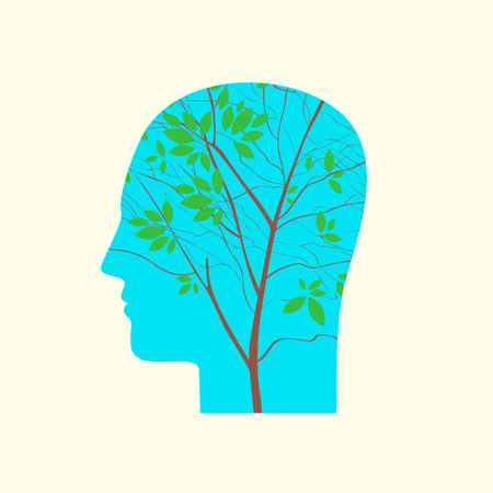 Blue human head in profile with the branches of a young slender tree inside as a concept of positive...