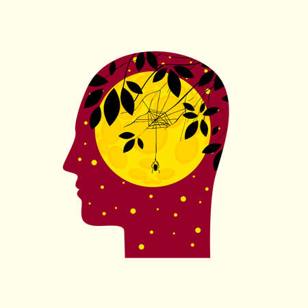 Blue human head in profile with the branches of a young slender tree inside as a concept of positive thinking or environmental protection.のイラスト素材