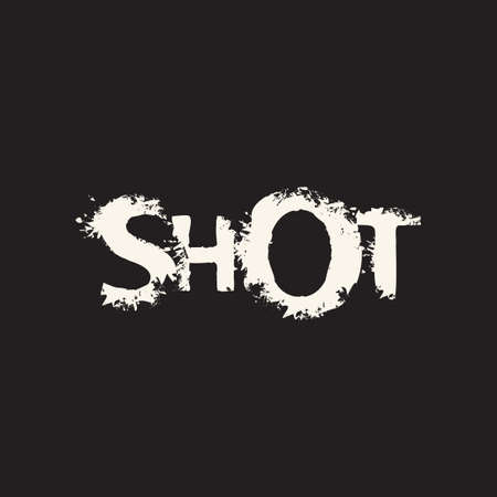 SHOT lettering in grunge style. Vector illustration on a military theme in the form of abstract inscription with ragged edges of letters on a black backgroundのイラスト素材