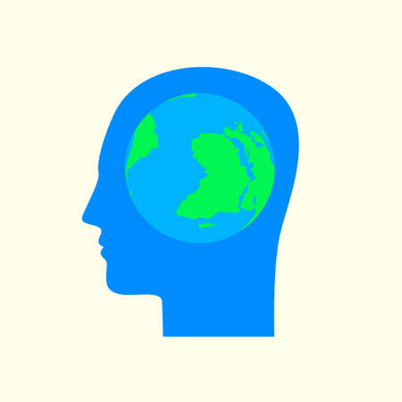 Blue silhouette of a human head in profile with the planet Earth in the brain area.のイラスト素材