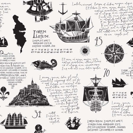Seamless pattern with handwritten latin text Lorem ipsum and hand-drawn Islands, sailboats, wind rose. Vector background on the theme of sea travel, adventure and discovery in vintage styleのイラスト素材