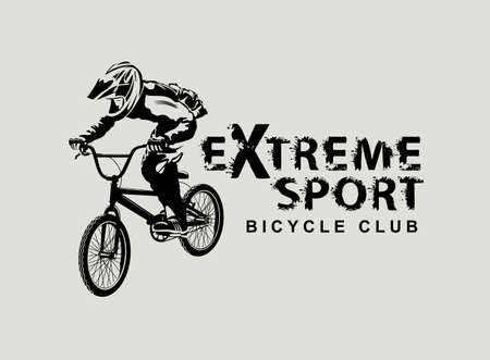 Extreme sport lettering and cyclist on the bike. Sport typography, t-shirt design, poster, banner, label, graphic print, flyer, sticker for bicycle club. Vector graffiti print in grunge styleのイラスト素材