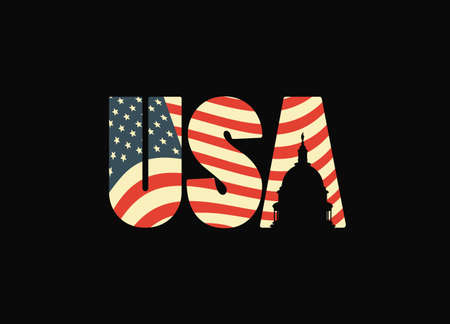 USA letters in the colors of the American flag with the silhouette of the Capitol building on a black background. Vector banner, poster, flyer, t-shirt design, greeting card or design elementのイラスト素材
