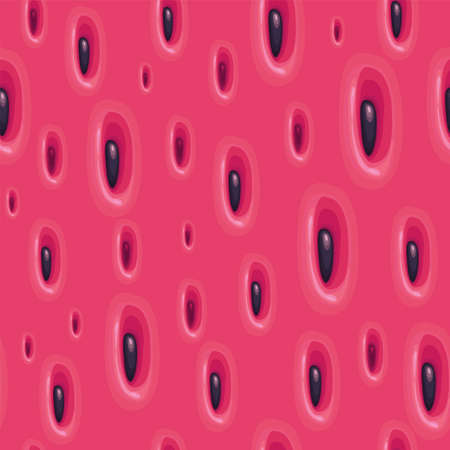 Watermelon seamless pattern. A repeating fruit pattern with black seeds on a pink background. Vector delicious summer illustration of a ripe watermelon textureのイラスト素材