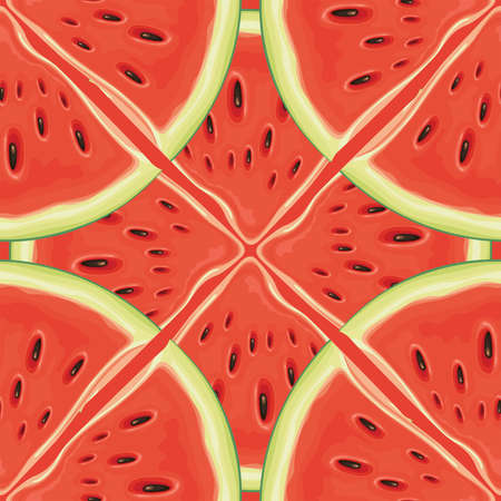 Fruit seamless pattern with an ornament of red sweet watermelon slices. Vector repeating background with ripe juicy watermelon quarters, suitable for Wallpaper, wrapping paper, fabric, summer designのイラスト素材
