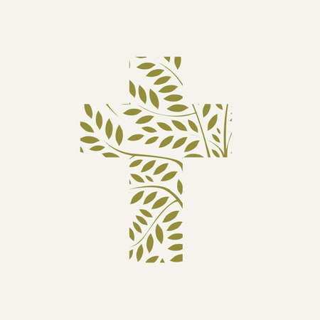 Concept of a Christian cross decorated with leaves and branches on a light background. Vector illustration, religious sign, icon, emblem, design element.のイラスト素材