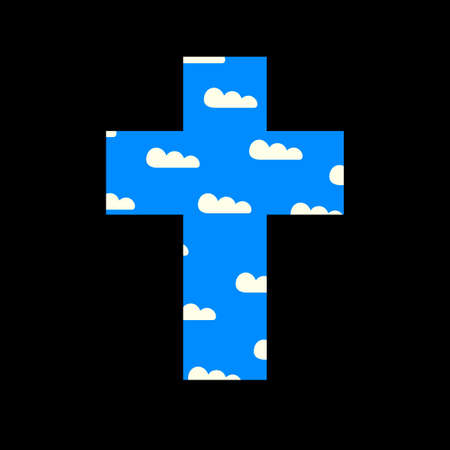 Blue Sign of the Christian cross with white clouds isolated on the black background. Creative vector illustration, religious symbol, icon, emblem, t-shirt design, print, tattoo, design elementのイラスト素材