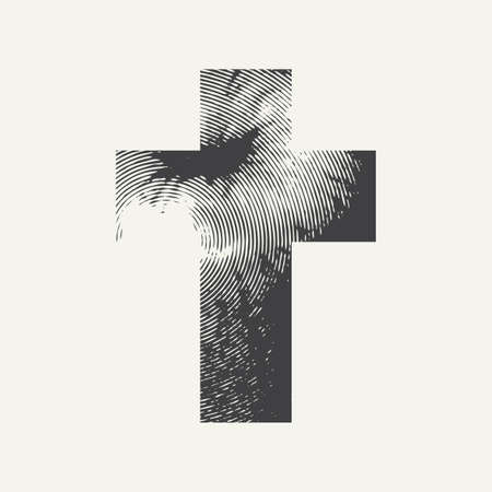 Abstract dark cross isolated on a light background. Monochrome textured Christian cross sign in grunge style. Creative vector banner or illustration on the religious themeのイラスト素材