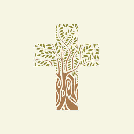 Concept of a Christian cross in the form of a tree on a light background. Decorative tree in the shape of a cross.のイラスト素材