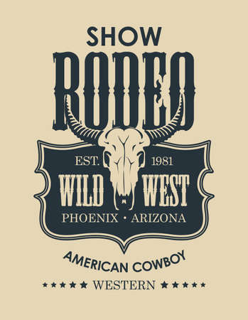 Banner for a Cowboy Rodeo show in retro style. Decorative vector illustration with a skull of bull and lettering on an old paper background.のイラスト素材