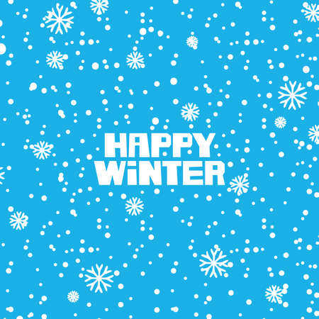 Decorative banner with lettering Happy Winter on the blue background with white snowflakes. Vector illustration in cartoon styleのイラスト素材