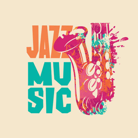 Poster for a jazz music concert with a bright abstract saxophone in form of bright spots and lettering on a light background. Suitable for vector flyer, invitation, banner, cover, advertisementのイラスト素材