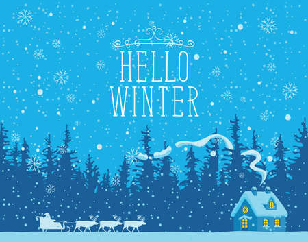 Winter night landscape with Santa Claus in a sleigh, a team of reindeer and a small house in a pine forest. Vector banner with the words Hello winter. Greeting card for Christmas or Happy New yearのイラスト素材