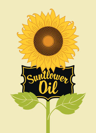 Banner or label for sunflower oil with a big blossom sunflower and green leaves on a light background. Advertising poster in retro style, vector illustrationのイラスト素材
