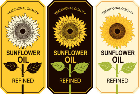 Set of three labels for refined sunflower oil with a big sunflower flower in a figured frame. Vector illustration in flat style, advertising poster, sticker, bannerのイラスト素材
