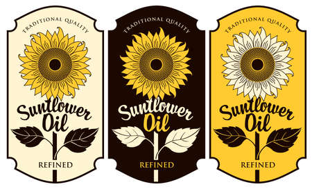 Set of three labels for refined sunflower oil with a big blossom sunflower in a figured frame. Vector illustration in retro style, advertising posterのイラスト素材