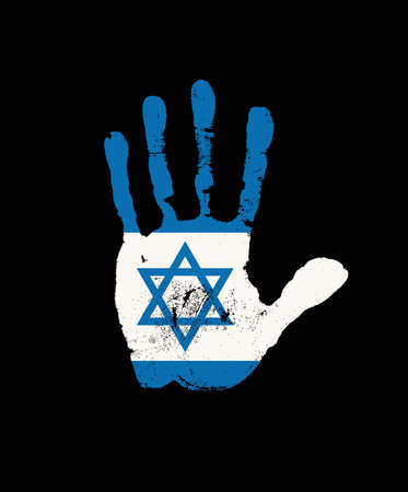 Human handprint in the colors of the Israeli flag with the star of David. Creative vector design element isolated on a black background. Abstract flag of Israel in the form of a palm printのイラスト素材