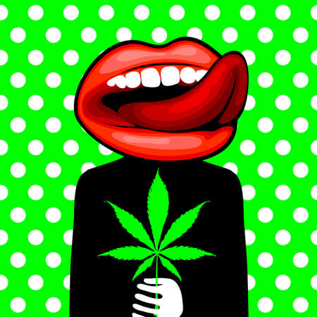 Banner with a character in the form of a person with a sexy mouth and tongue instead of his head and with cannabis leaf in his hand. Creative vector illustration on the marijuana theme in a flat styleのイラスト素材