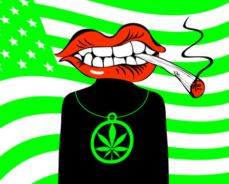 Banner with a character in the form of a man with a mouth with a joint of marijuana in his teeth instead of his head. Vector illustration on the theme of cannabis on background of green american flagのイラスト素材
