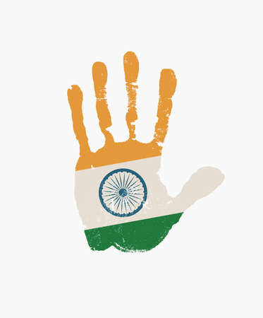 Human handprint in the colors of the Indian flag. Creative vector design element isolated on a light background. Abstract flag of India in the form of a palm print.のイラスト素材