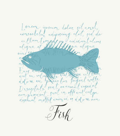Vector banner or menu for seafood restaurant or shop. Hand-drawn illustration with a fish and inscription on the background of handwritten lorem ipsum text in retro style.のイラスト素材