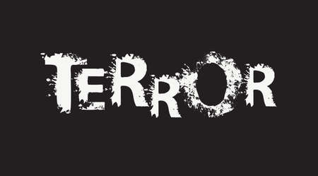 TERROR lettering with scary letters in the grunge style on the black background. Vector illustration in the form of an abstract ominous inscription with blots, splashes and stainsのイラスト素材