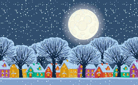 Horizontal seamless pattern. Night winter landscape with cute colored houses, full moon in the sky and snowy trees on a snow-covered street. Repeatable vector illustration in cartoon styleのイラスト素材