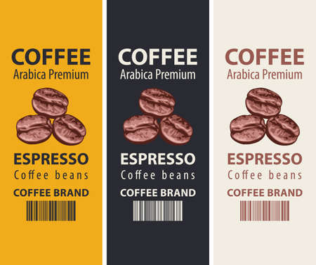 Set of Coffee labels in retro style. Three vector labels for coffee beans with coffee beans, barcode and inscription Espresso, Arabica premiumのイラスト素材