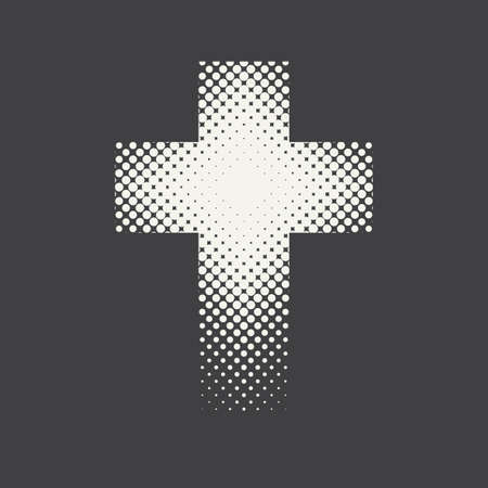 Dotted religious cross isolated on a black background. Vector halftone pattern of religious cross icon made of circle points. Religious symbol, icon, t-shirt design, emblem, logo, design element.のイラスト素材