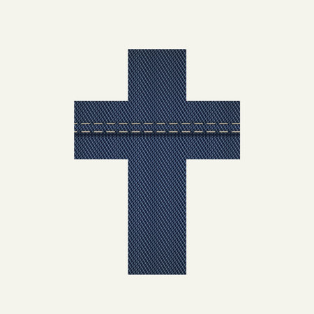 Sign of the Christian cross with the texture of navy blue denim on a light background.