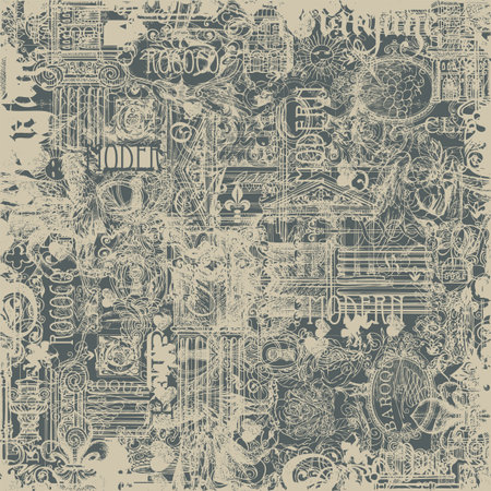 Abstract seamless pattern on the theme of vintage art, furniture and Antiques. Worn-out vector background in grunge style with sketches and drawings. Suitable for wallpaper, wrapping paper, fabricのイラスト素材