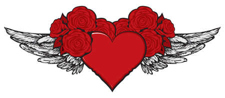 Flying heart. Vector graphic illustration of a red heart with black wings and red roses isolated on a light background. Suitable for Valentine card, sticker, t-shirt design, tattoo, design elementのイラスト素材