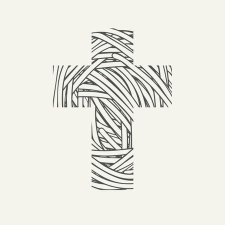 Sign of the Christian cross with an abstract texture of a skein of thread. Decorative vector illustration, religious symbol with wound threads, icon, logo, mascot, t-shirt design, design elementのイラスト素材