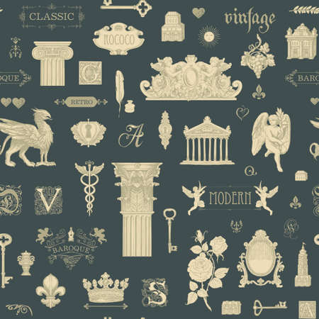 Abstract seamless pattern on the theme of vintage art, furniture and Antiques. Vector background with drawings and sketches on the dark backdrop. Wallpaper, wrapping paper or fabric in retro styleのイラスト素材