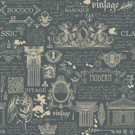 Seamless pattern on theme of vintage art and Antiques. Vector background with sketches, drawings and handwritten text lorem ipsum on a dark backdrop. Wallpaper, wrapping paper or fabric in retro styleのイラスト素材