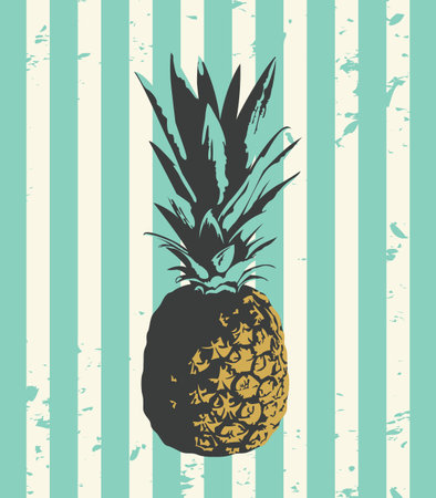 Whole pineapple fruit close-up on grunge striped background. Vector illustration of a sweet tropical fruit. Realistic ripe pineapple with leaves. Suitable for invitations, greeting cards, postersのイラスト素材