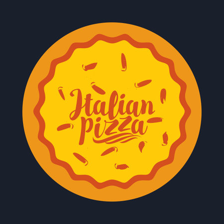 Decorative yellow pizza with inscription Italian pizza in simple design on the black background.のイラスト素材