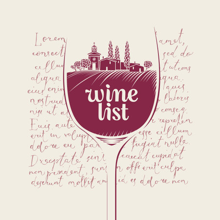 Wine list for restaurant or cafe menu with a rural landscape of vineyards and village inside a wine glass. Vector illustration in retro style on the background of handwritten text lorem ipsumのイラスト素材