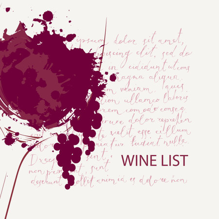 Wine list with a wine glass, grapes and abstract spots and splashes of red wine on the background of handwritten text Lorem ipsum. Vector illustration for restaurant or cafe menu, tasting, wineryのイラスト素材