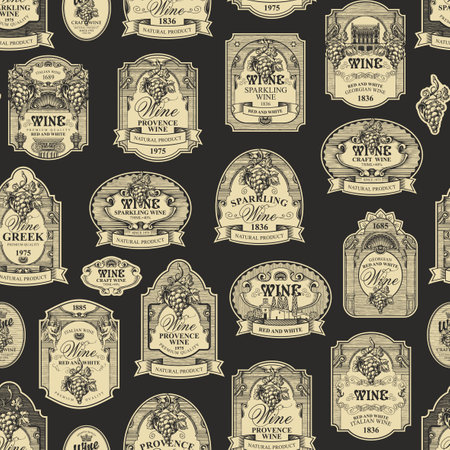 Seamless pattern with ornate hand-drawn wine labels on a dark background in vintage style. Repeating vector background on the theme of wine. Suitable for Wallpaper, wrapping paper, fabric, textileのイラスト素材