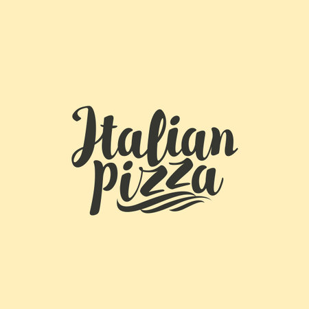 Hand-drawn brush lettering Italian pizza. Black vector inscription Isolated on beige background. Suitable for advertising banner, poster, menu, flyer, label, card, graphic print, design elementのイラスト素材