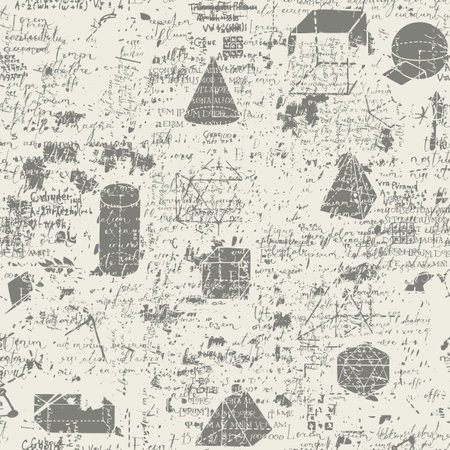 Abstract seamless pattern with an overlay of hand-drawn geometric figures and handwritten text Lorem ipsum on an old paper background. Vector repeating illustration in the grunge styleのイラスト素材