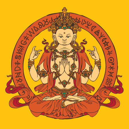 Banner with a hand-drawn Buddha meditating in the lotus pose. Vector illustration of a four-armed...
