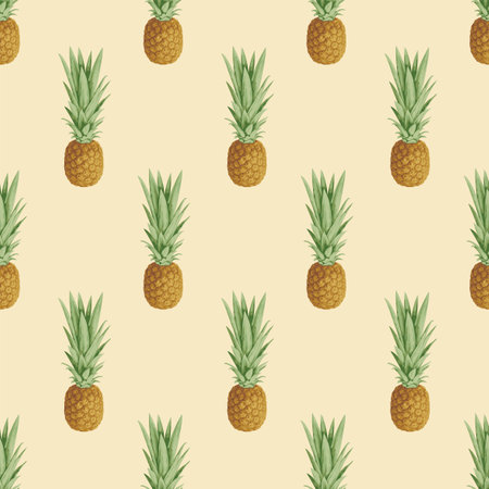 Seamless pattern with ripe pineapple fruits on a light backdrop. Summer tropical vector background with sweet pineapples, suitable for wallpaper, wrapping paper, fabric, textile, fruit designのイラスト素材