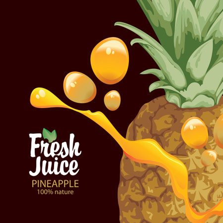 Vector banner or label with a sweet ripe pineapple, green leaves, yellow juice splash and a calligraphic inscription Fresh juice on a dark backgroundのイラスト素材